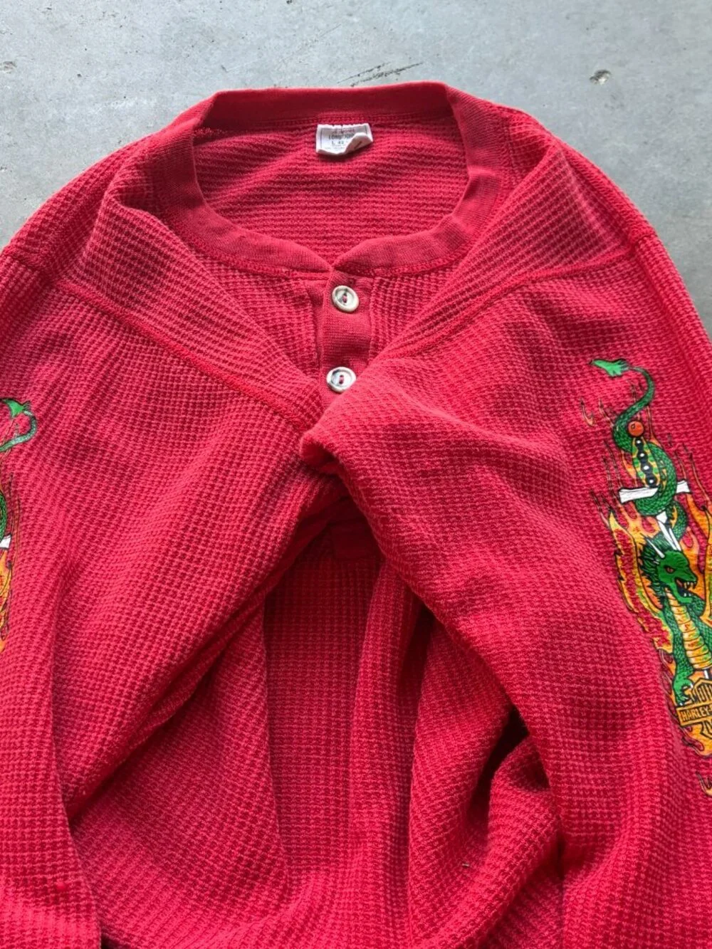 Vintage 70s Harley-Davidson Dragon Sleeve Red Waffle Thermal Henley